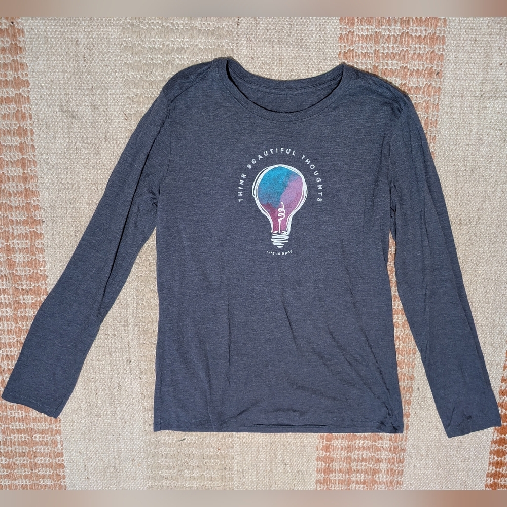 Life Is Good Blue Gray Long Sleeve Cool Tee Lightbulb Beautiful Thoughts Women S